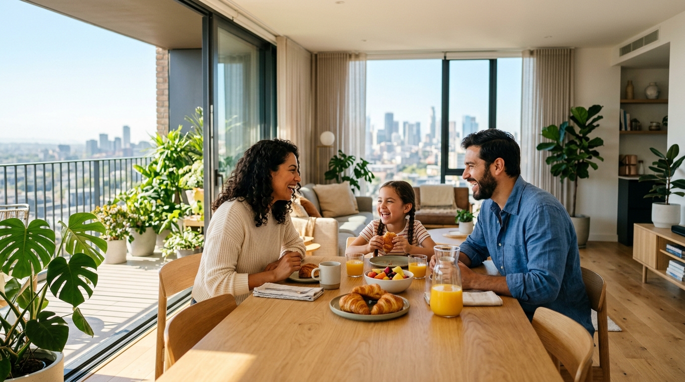 Familia disfrutando su apartamento en AURA