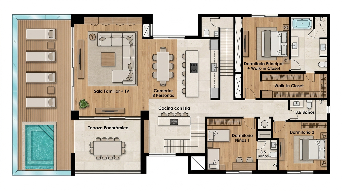 Plano de distribución con divisiones de habitaciones, sala de TV, comedor y cocina