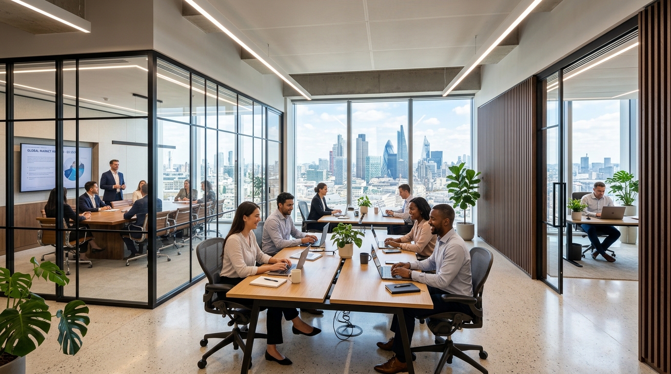 Oficinas corporativas con divisiones de vidrio